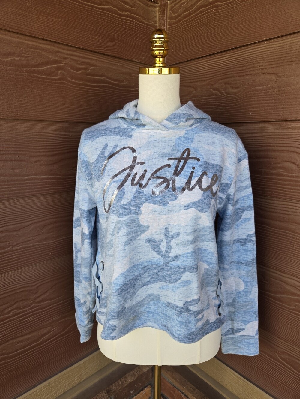 Justice Girls Blue Camo Cropped Hooded Sweatshirt with Silver Foil Chest Logo
